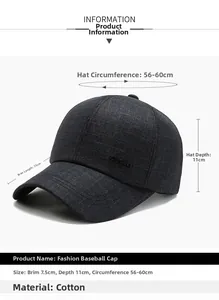 Detailed sizing chart and material info for cotton sport baseball cap in dark grey