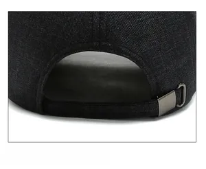 Detailed close-up of adjustable metal buckle on dark blue denim baseball cap for men