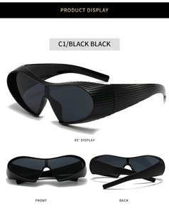 Steampunk wraparound sports sunglasses C1 with textured side temples and Y2K futuristic look