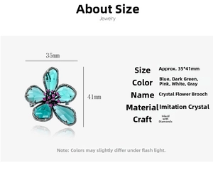 Detailed size chart for crystal flower brooch featuring 35x41mm dimensions and rhinestones