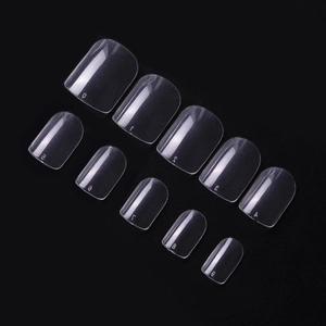 Detailed view of clear full cover square nail tips showing size numbers 0 to 9