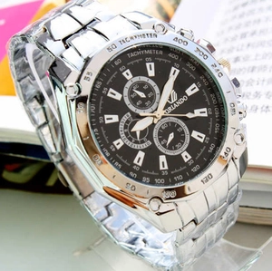 Close-up of ORLANDO men's watch with black dial and silver alloy tachymeter bezel