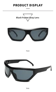 Front and side view of Y2K large shield sports sunglasses with black frame and gray lens