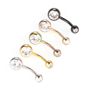 Five stainless steel belly rings with dual clear crystals in various metallic finishes