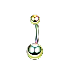 Macro view of rainbow plated stainless steel belly ring with double rhinestone balls