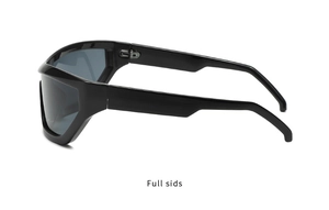 Side 45-degree angle view of glossy black wrap-around sports sunglasses for cycling