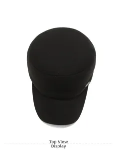 Top view of a black flat top military cap with twill fabric and metal side buckle