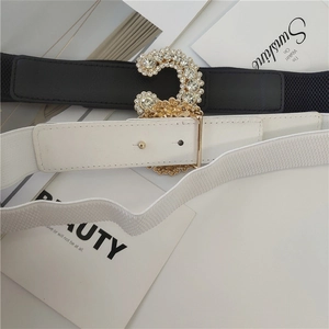 Macro shot of rhinestone-studded C-buckle on black and white elastic waist belts