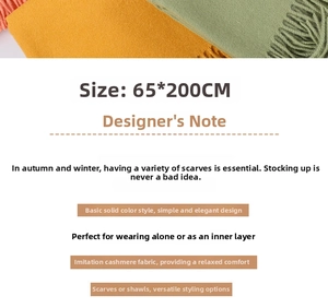 Detail of 65x200cm cashmere-like scarf in mustard yellow and bean green colors