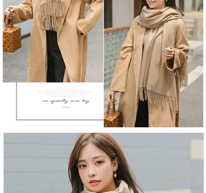 Three-way view of a camel wool blend scarf with tassels and matching winter coat on a model