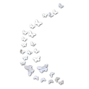 Silver 3D butterfly acrylic mirror wall stickers in crescent arrangement on white background