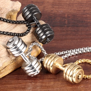 Titanium steel fitness dumbbell necklaces in black, silver and gold finish for men