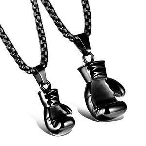 Pair of black boxing glove pendants on box chains made of polished titanium steel