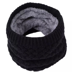 Winter knitted neck warmer with thick faux fleece lining in black and grey for outdoors