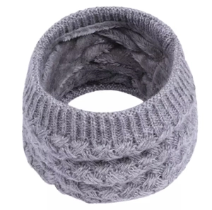 Detail of grey cable knit neck warmer with thick plush lining for winter warmth