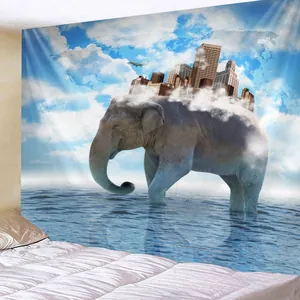 Schlafzimmer Wanddeko mit blauem Elefanten-Wandteppich, Stadtbild und Weltkarten-Motiv