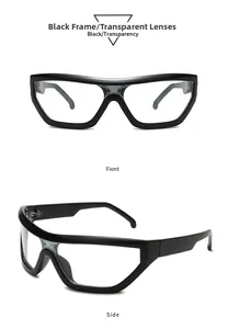Front and 45-degree side view of black Y2K wraparound sports sunglasses with clear lenses