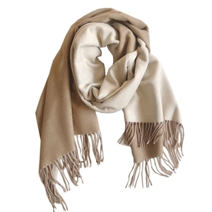 Thick warm cashmere-like scarf with beige and camel color block design and fringe