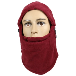 Detail of red fleece balaclava with adjustable black drawstrings for winter wind protection