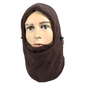 Detail view of brown fleece balaclava with adjustable drawstrings for winter face protection