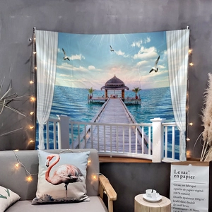 Detail showing high-quality seaside landscape wall tapestry with tropical beach pier pattern