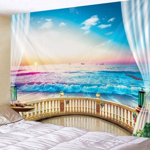 Scenic ocean balcony tapestry with sunset view and white curtains for bedroom wall decor