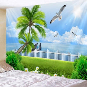 Tropical beach tapestry featuring palm trees and dolphins for wall decor in dorm rooms