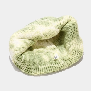 Detailed knit texture and internal view of a green and white tie-dye beanie cap