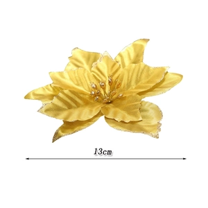 Detail of 13cm gold glitter artificial Christmas flower decoration with size measurement