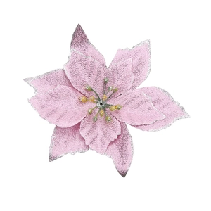 Detail of pink Christmas flower decoration with silver glitter edges and yellow stamen