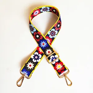 Adjustable ethnic floral replacement strap with golden metal hardware and vintage pattern
