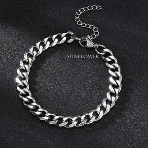 Polished silver stainless steel Cuban link bracelet with lobster clasp for men