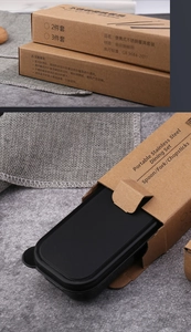 Detail view of the portable stainless steel cutlery set packaging and storage box