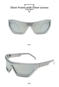 Close-up of futuristic silver mirrored cycling sunglasses from front and side angles