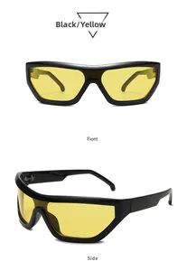 Front and side view of Y2K wrap sunglasses with black frame and yellow tinted lenses