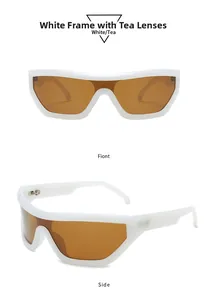 Front and side view of Y2K wraparound sunglasses with white frames and brown lenses