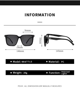 Guide des tailles pour lunettes de soleil carrées rétro avec largeur de 148mm