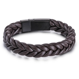 Bracelet minimaliste en cuir tressé marron pour homme avec fermoir magnétique noir mat