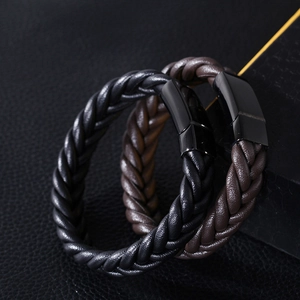 Bracelets en cuir tressé noir et marron avec fermoirs magnétiques en acier inoxydable