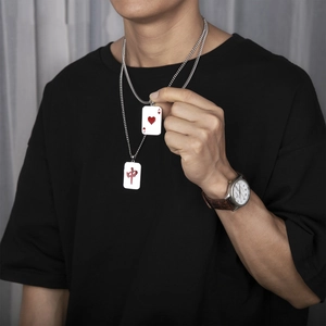 Hip-hop steel necklaces featuring Ace of Hearts and Mahjong Zhong card pendants