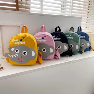 Row of colorful canvas kids backpacks with cute elephant prints in five vibrant colors