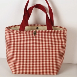 Japanese style red gingham cotton linen tote bag with red handles and metal clasp