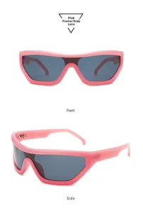 Front and side views of pink oversized cycling sunglasses with matte finish and gray lenses