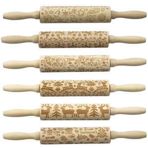 Embossed Rolling Pin Natural Wood Laser Engraved Christmas Patterns For Holiday Baking DIY Cookies Festive Decor