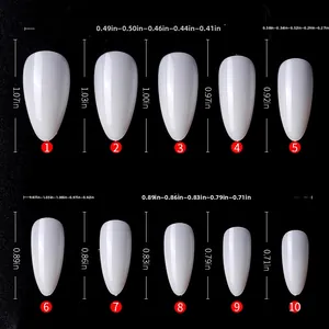Detailed size chart for stiletto false nails with width and height in inches
