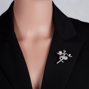 Elegant ballet girl brooch with pearls and crystals on a black suit lapel