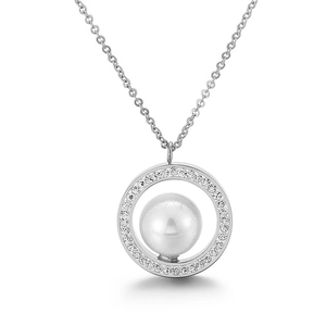 Collier élégant en acier titane argenté avec strass brillants et une perle blanche