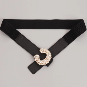 Elastic black waist belt with gold C-shaped rhinestone buckle for elegant women's dresses