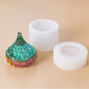 DIY resin jewelry box silicone mold kit with a finished iridescent storage jar and lid
