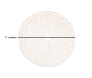 Detailed view of white faux fur Christmas tree skirt with golden snowflake patterns